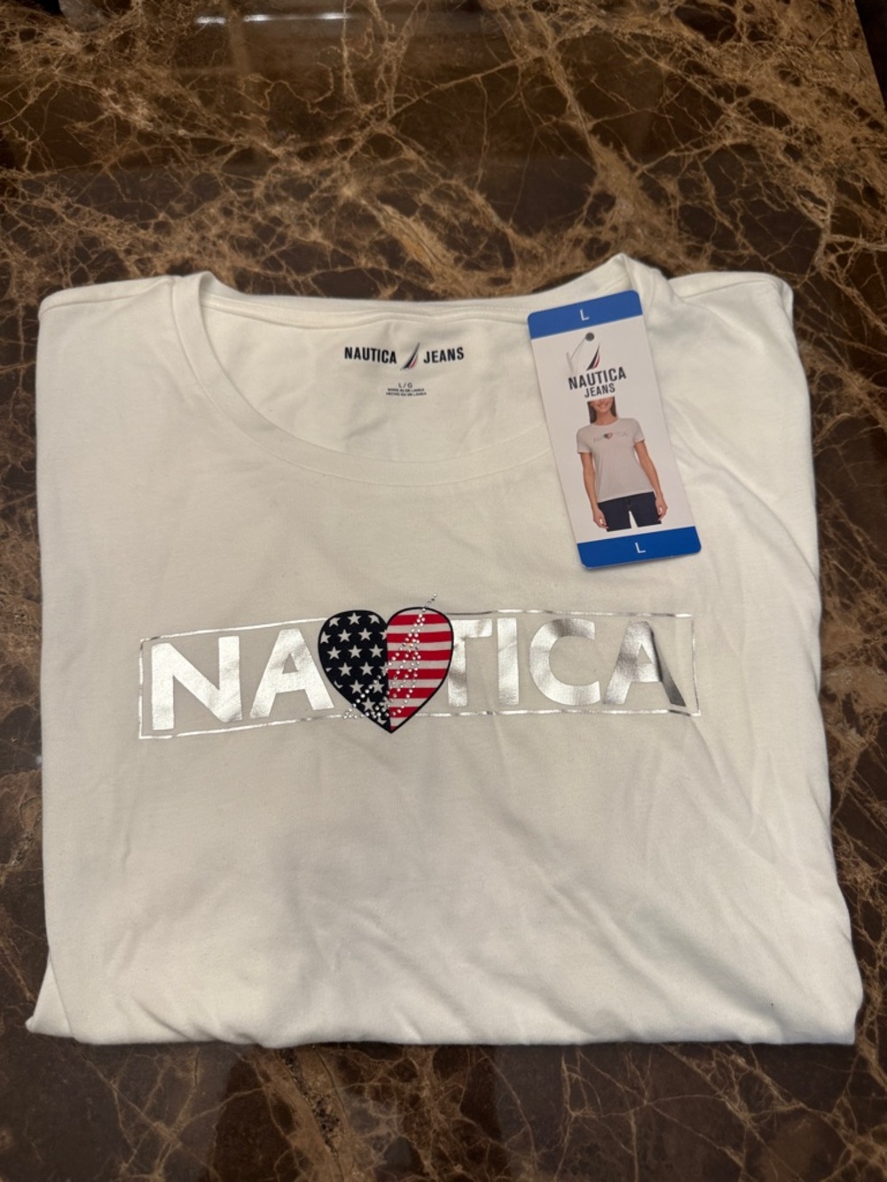 Nautica Jeans White Logo Tee with American Flag Heart